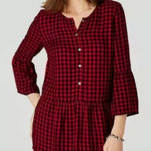 J. JILL RED BUFFALO PLAID GINGHAM SHIRRED TUNIC 3/4 SLEEVE